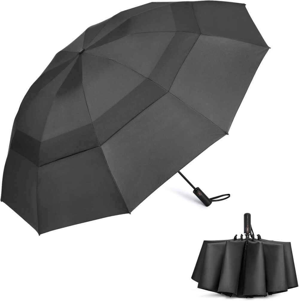 62 Inch Large Golf Umbrella Compact Reverse Travel Umbrella 10 Ribs Windproof for Rain Double Canopy Automatic Open Close (Black)