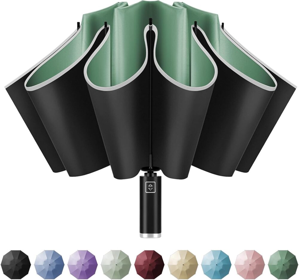 Inverted Travel Umbrella, Automatic Umbrellas for Rain, Windproof Compact Umbrella with Reflective Stripe, Folding Sun Umbrella UV Umbrella, Portable Large Umbrella for Backpack, Lightweight