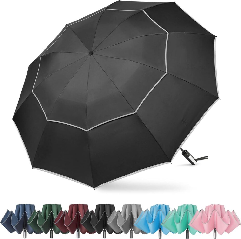 62 Inch Windproof Inverted Umbrella with Reflective Stripe Large Compact Reverse Golf Umbrella for Rain 10 Ribs Double Canopy Travel Umbrella Automatic Open Close