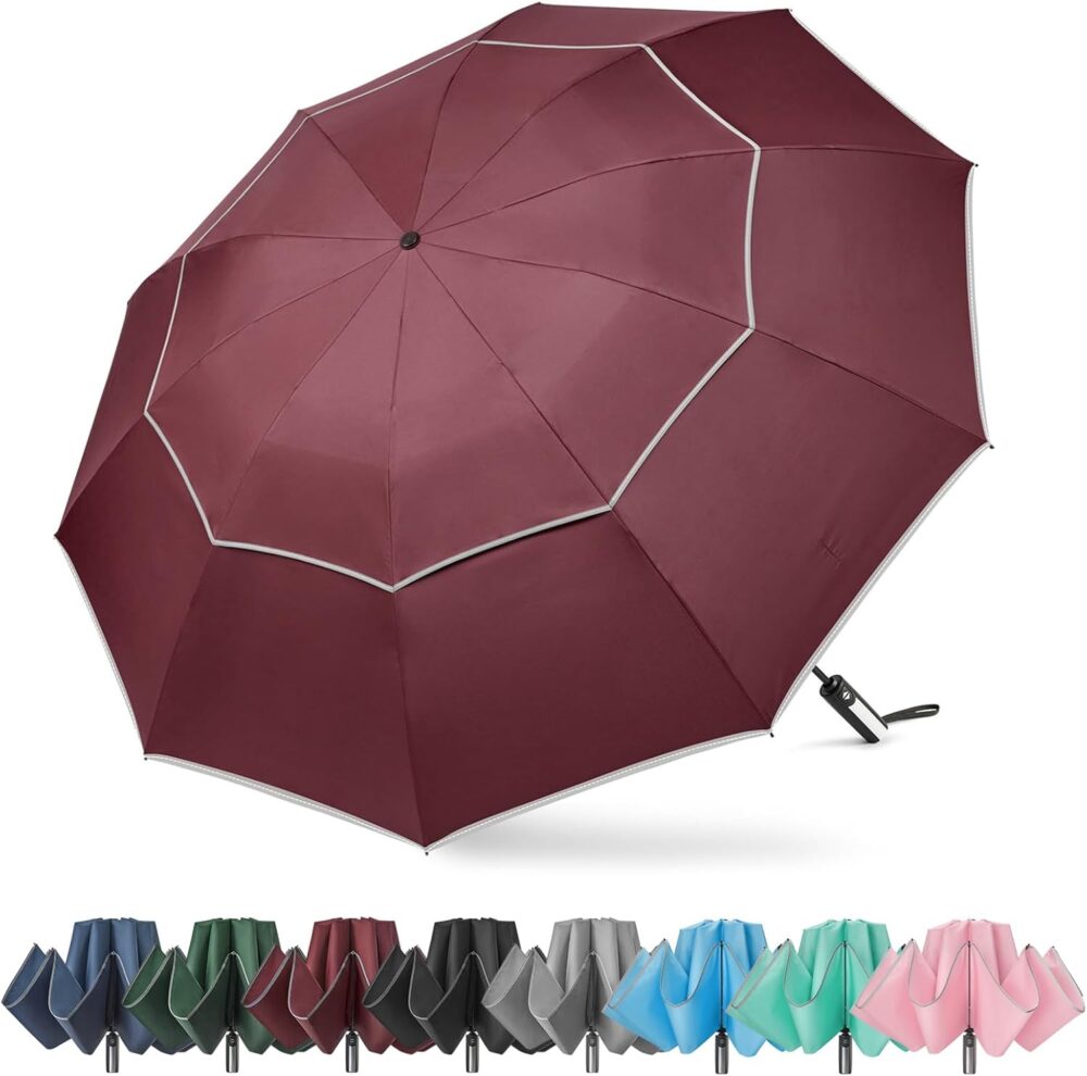 62 Inch Windproof Inverted Umbrella with Reflective Stripe Large Compact Reverse Golf Umbrella for Rain 10 Ribs Double Canopy Travel Umbrella Automatic Open Close