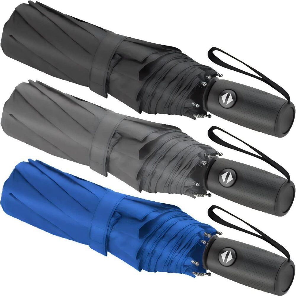 3 Pack Windproof Travel Rain Umbrellas - Compact, Light, Automatic, Strong and Portable - for Men and Women