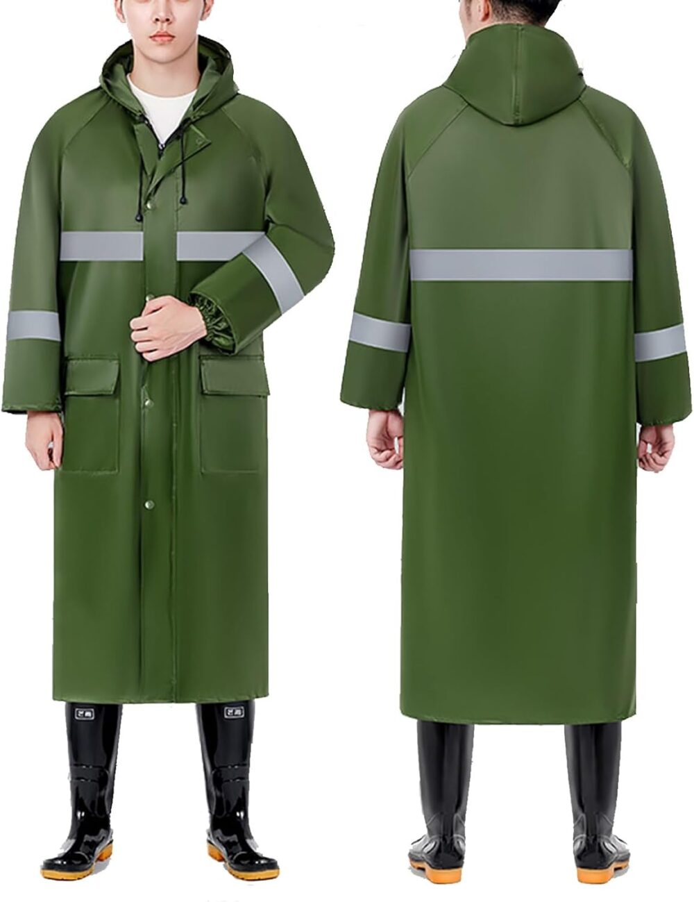 Mens Long Raincoat with Hood, Waterproof Safety Rain Jacket, Reflective One-piece Raincoat, Lightweight Rain Ponchos