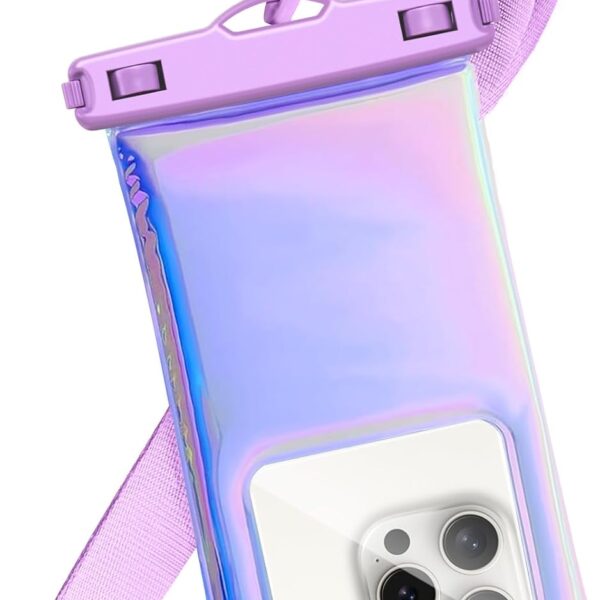 Floatable Waterproof Phone Pouch Case for iPhone 16 Pro Max/15/14/13/12, IP68 Travel Cellphone Dry Bag Beach Cruise Ship Essentials Bags with Crossbody Lanyard, Iridescent Purple-7″