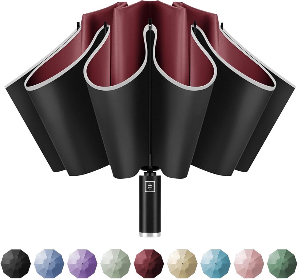 Inverted Travel Umbrella, Automatic Umbrellas for Rain, Windproof Compact Umbrella with Reflective Stripe, Folding Sun Umbrella UV Umbrella, Portable Large Umbrella for Backpack, Lightweight