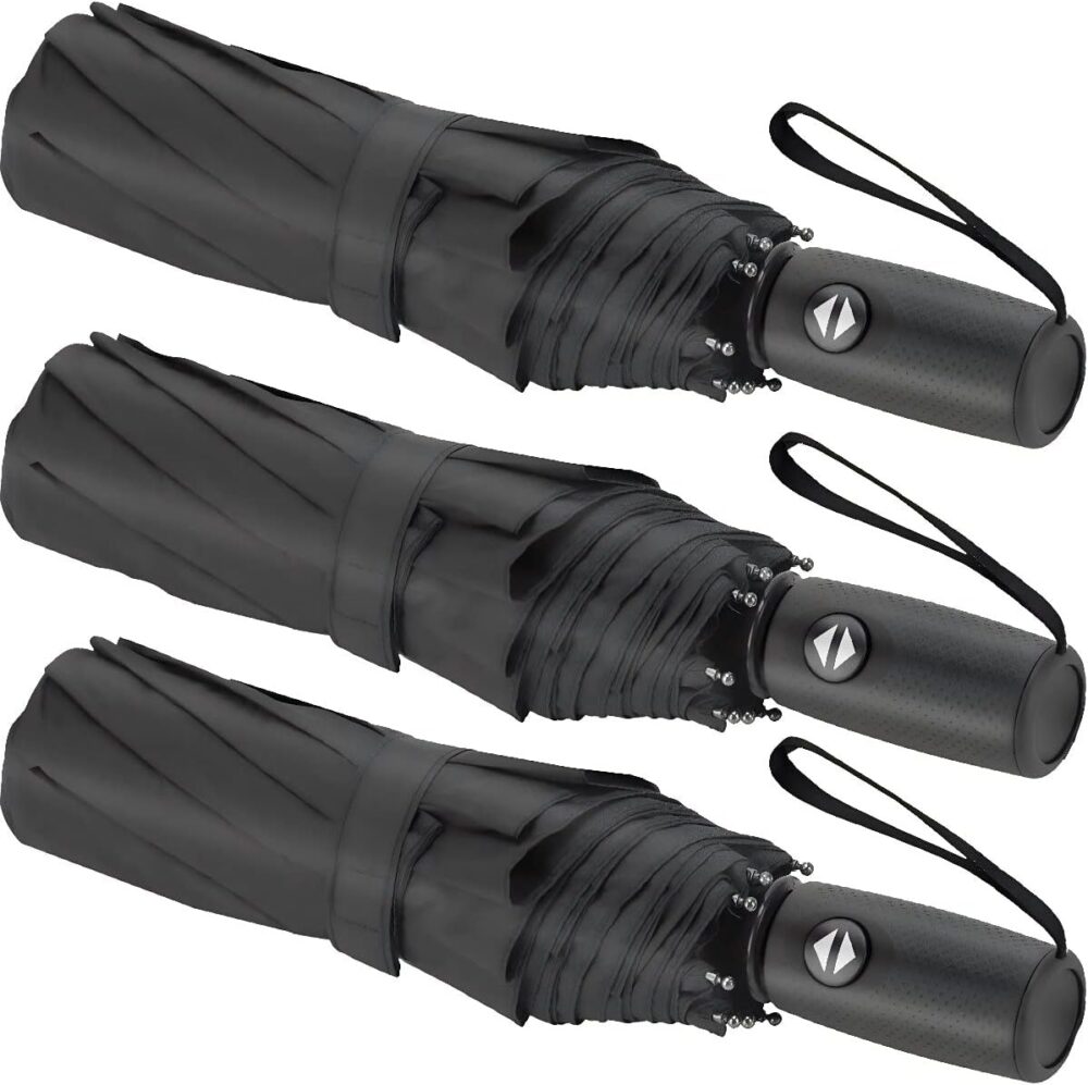 3 Pack Windproof Travel Rain Umbrellas - Compact, Light, Automatic, Strong and Portable - for Men and Women