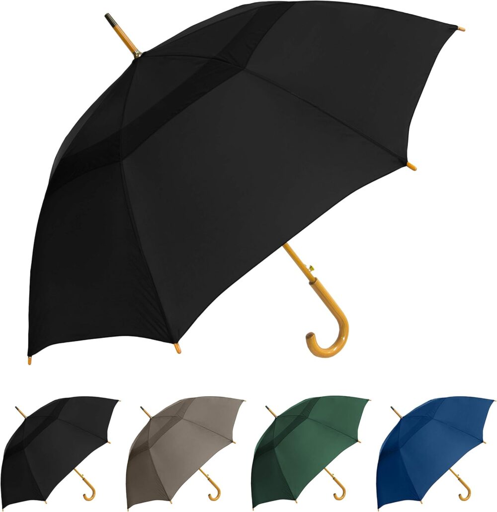 The Vented  48" Arc Automatic Open Large Windproof Golf Umbrella, Classic Umbrella with Wooden J Handle, Vintage Style Lightweight Long Curved Handle Umbrella for Rain - Black