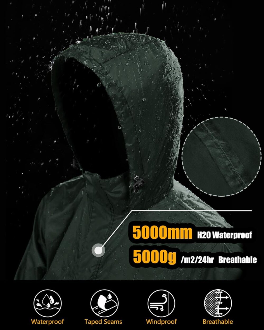 Men's Pullover Rain Jacket Waterproof with Hood Lightweight Packable Raincoat Windbreaker for Golf Travel - Image 2