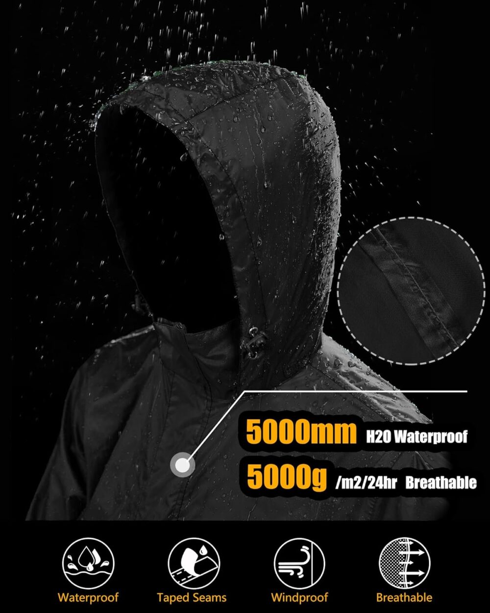 Men's Pullover Rain Jacket Waterproof with Hood Lightweight Packable Raincoat Windbreaker for Golf Travel - Image 2
