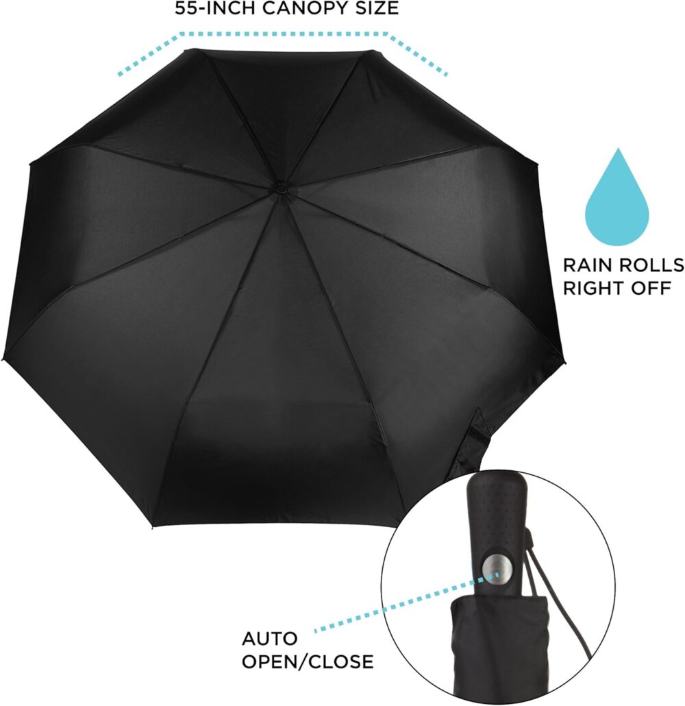 Golf Size Auto Open/Close Umbrella, Water Repellent Canopy, Black - Image 2