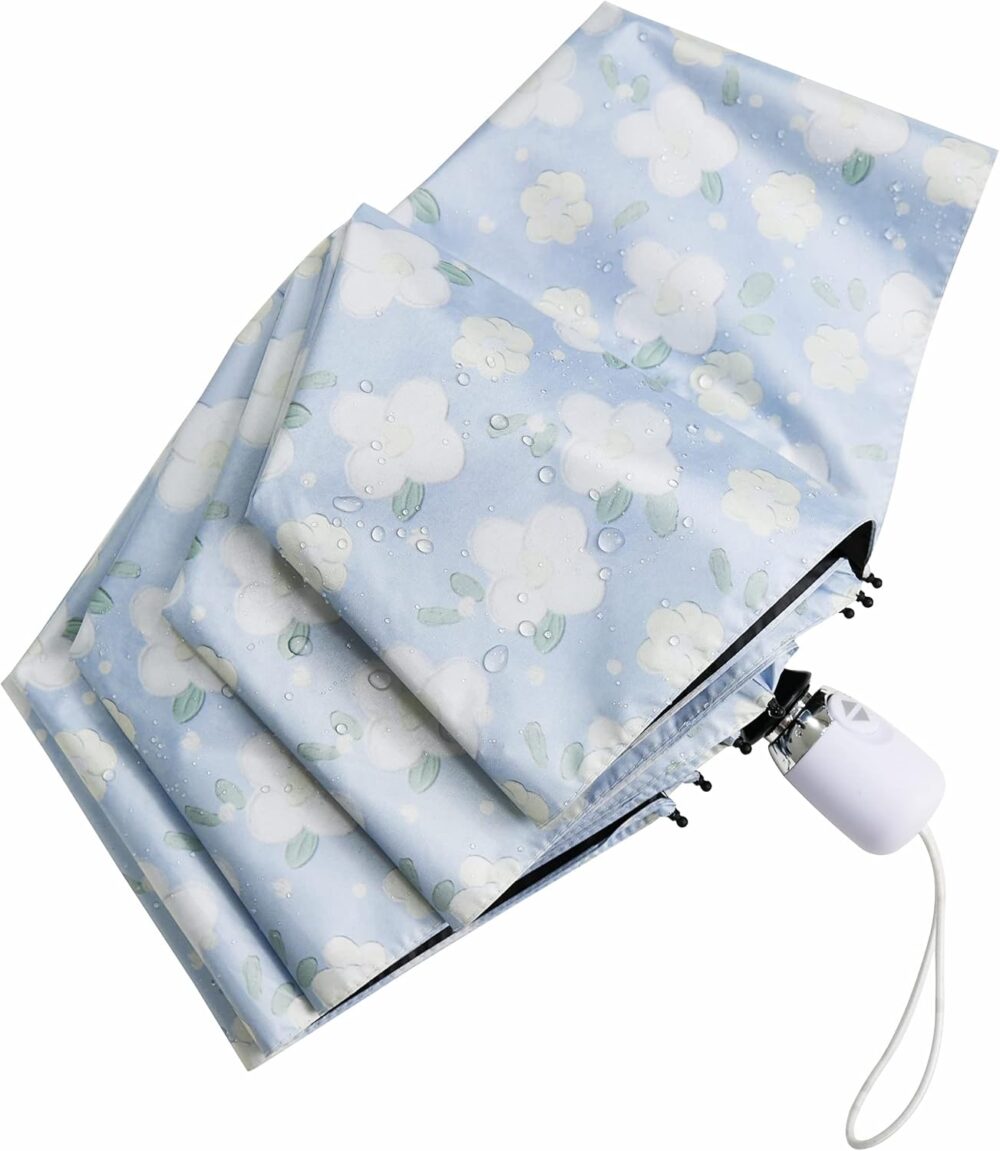 Sun Umbrella Compact Folding Travel Umbrella Auto Open and Close for Windproof, Rainproof & 99.9%  Protection Parasol with Black Anti- Coating (Blue Jasmine)