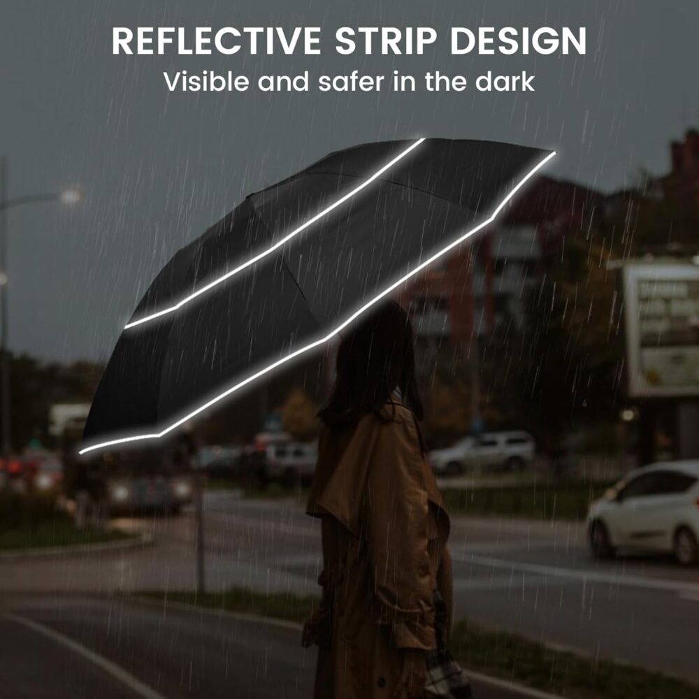 62 Inch Windproof Inverted Umbrella with Reflective Stripe Large Compact Reverse Golf Umbrella for Rain 10 Ribs Double Canopy Travel Umbrella Automatic Open Close - Image 2